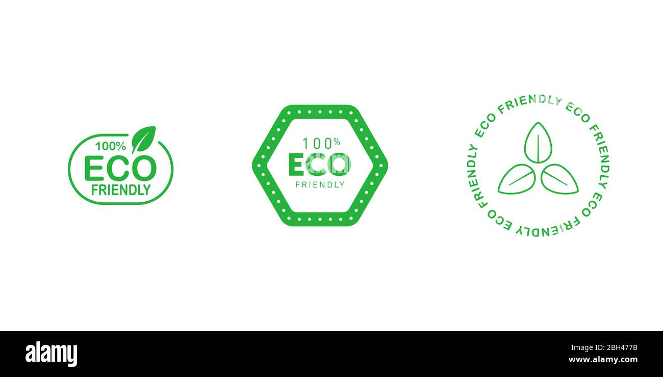 Set of various eco friendly 100 percent green badges with tree leaf. Design element for packaging design and promotional material. Vector illustration Stock Vector