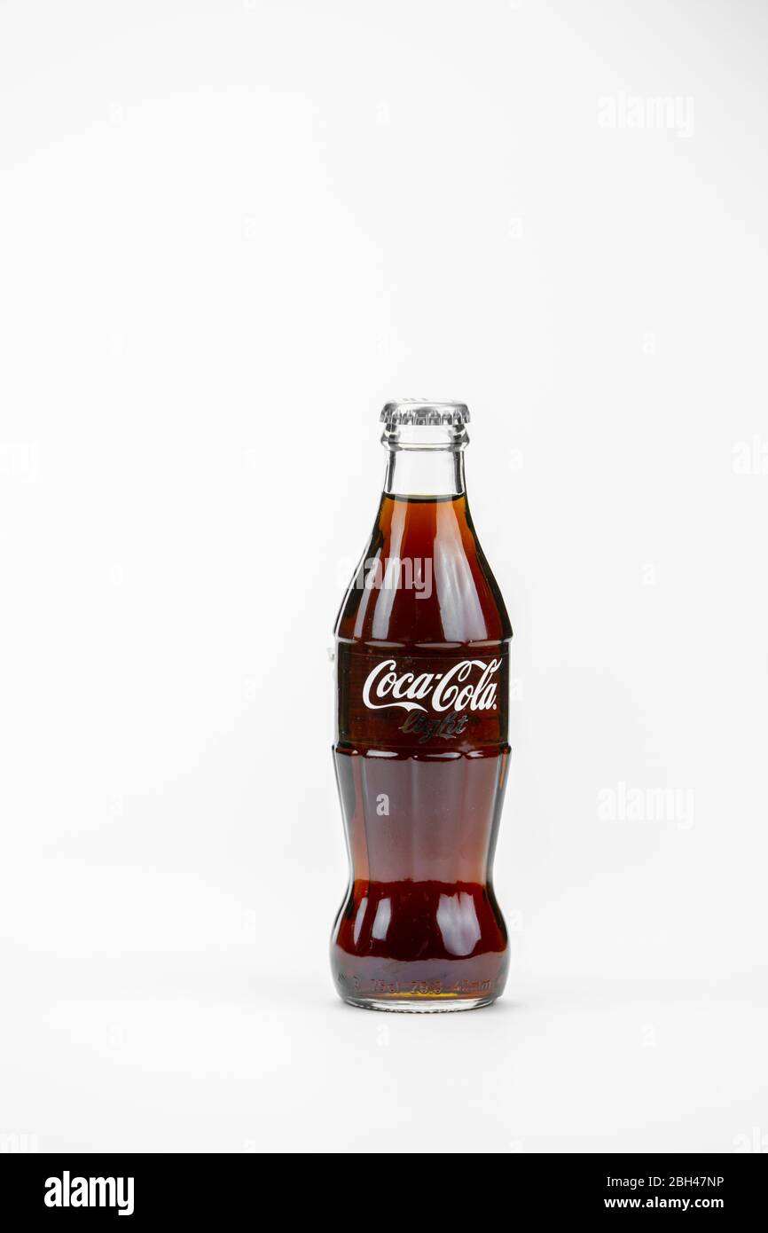 Atlanta, Georgia, USA – April 1, 2020: classic contour glass bottle of Coca Cola from USA Stock Photo