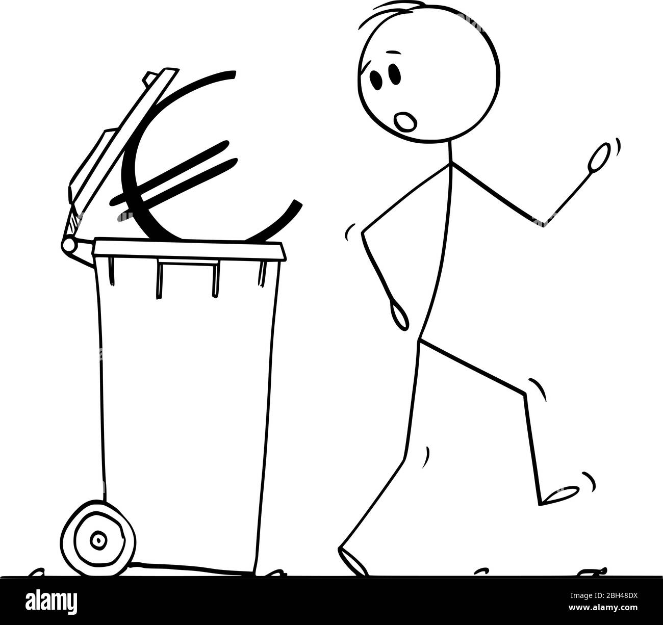 Vector cartoon stick figure drawing conceptual illustration of surprised man or businessman walking around dustbin, garbage can full of euro currency symbol thrown as waste. Stock Vector