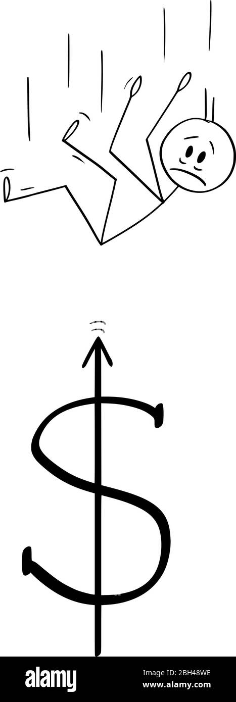 Vector cartoon stick figure drawing conceptual illustration of man or businessman falling down on sharp dollar symbol bar. Financial concept. Stock Vector