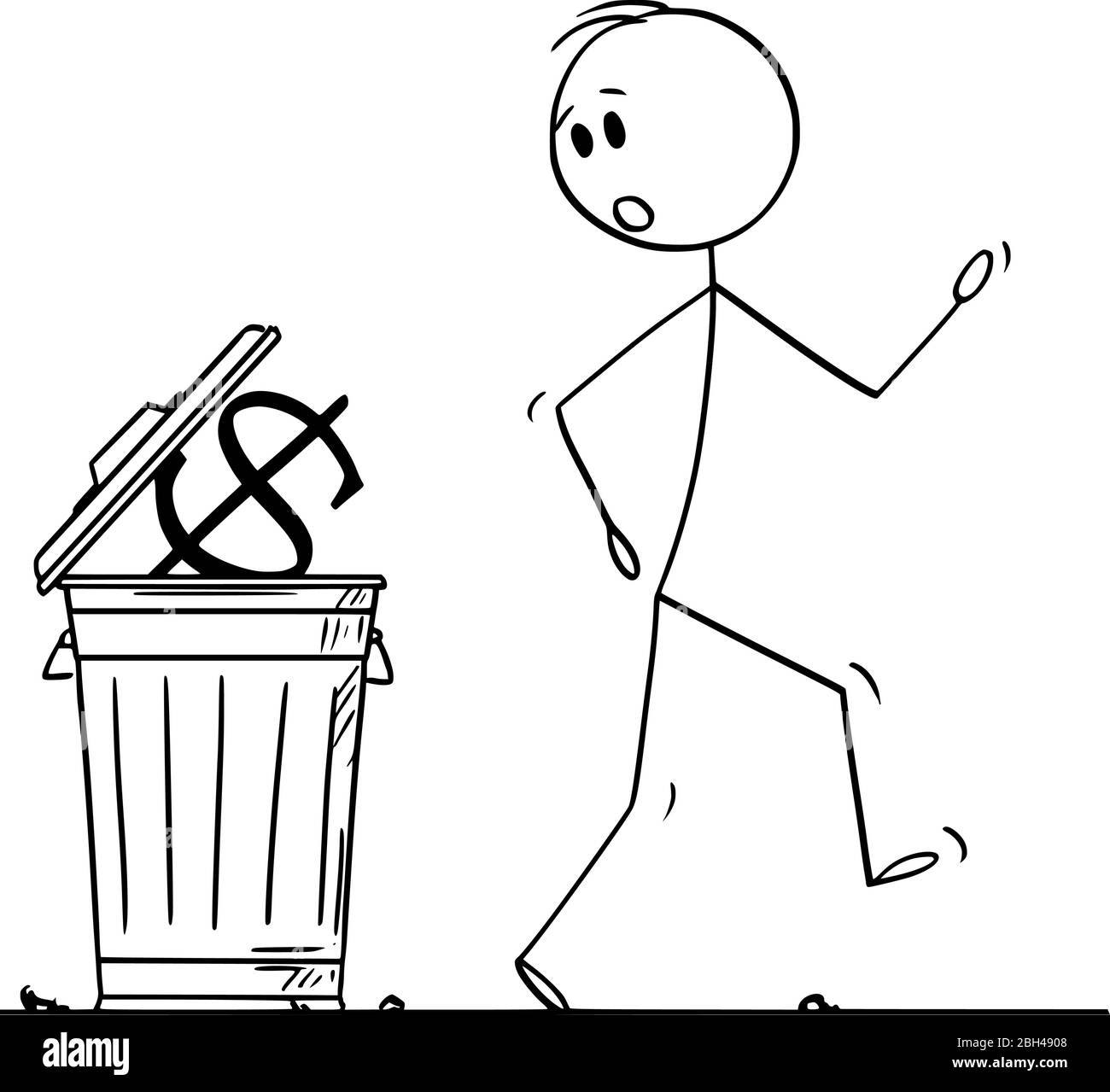 Vector cartoon stick figure drawing conceptual illustration of surprised man or businessman walking around dustbin, garbage can full of dollar currency symbol thrown as waste. Stock Vector