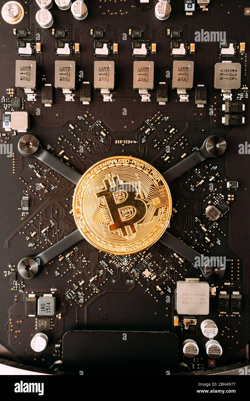 Bitcoin gold coin lies on the motherboard of the computer Stock Photo ...