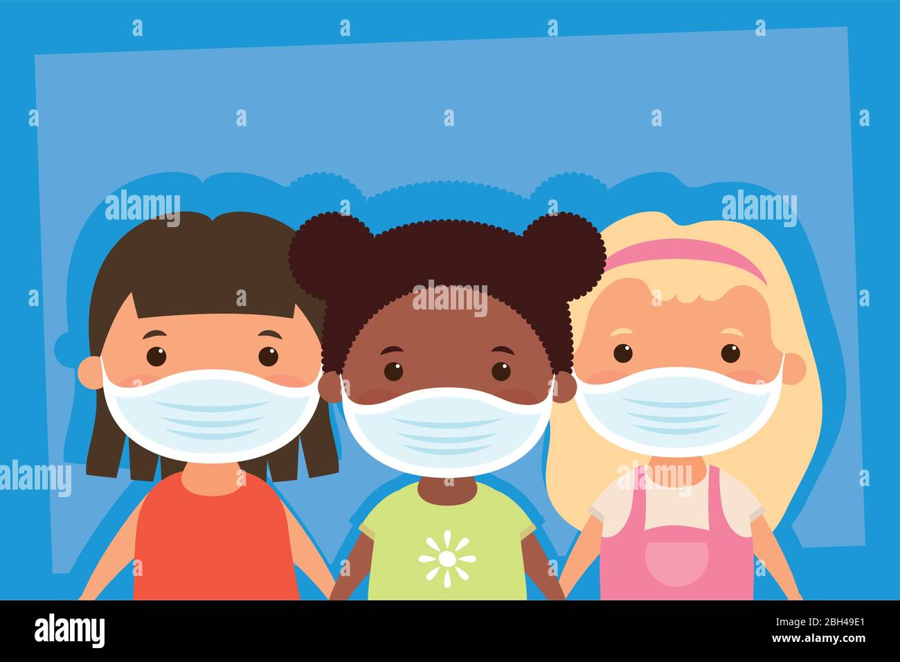 interracial little girls using face masks characters Stock Vector Image ...