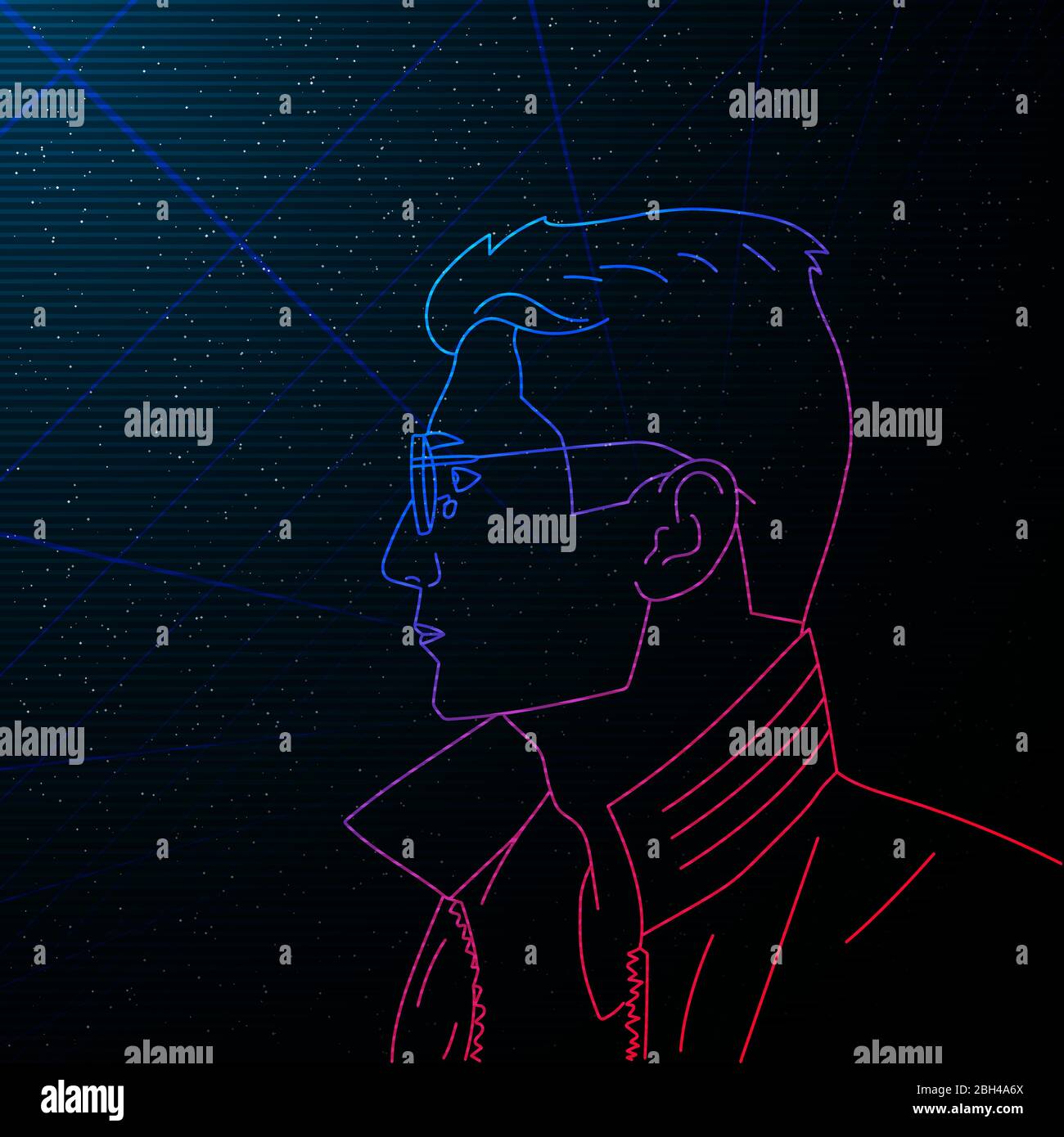 Synthwave Vaporwave Retrowave contour portrait of man. Vector side view man with glasses on starry space background with laser grid. Design for poster Stock Vector