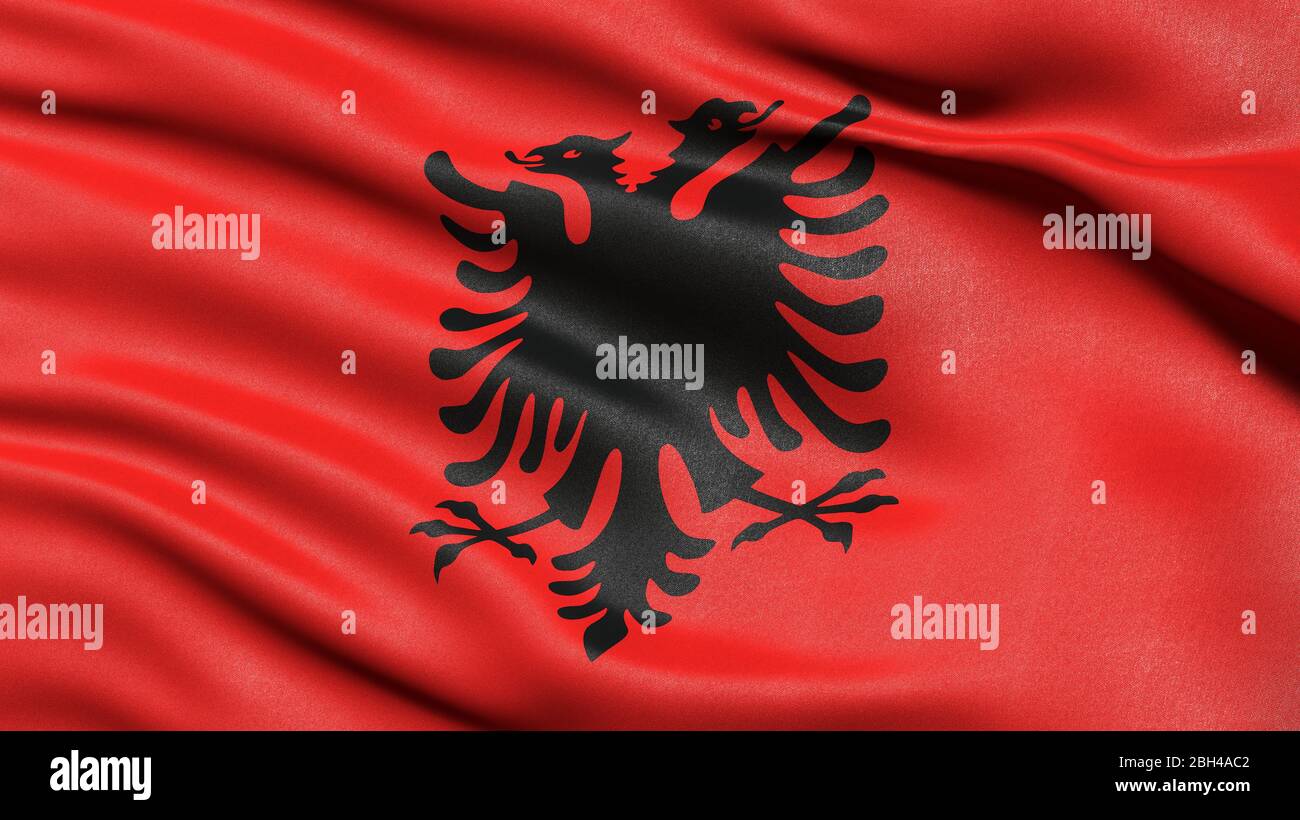 3D illustration of the flag of Albania waving in the wind Stock Photo ...