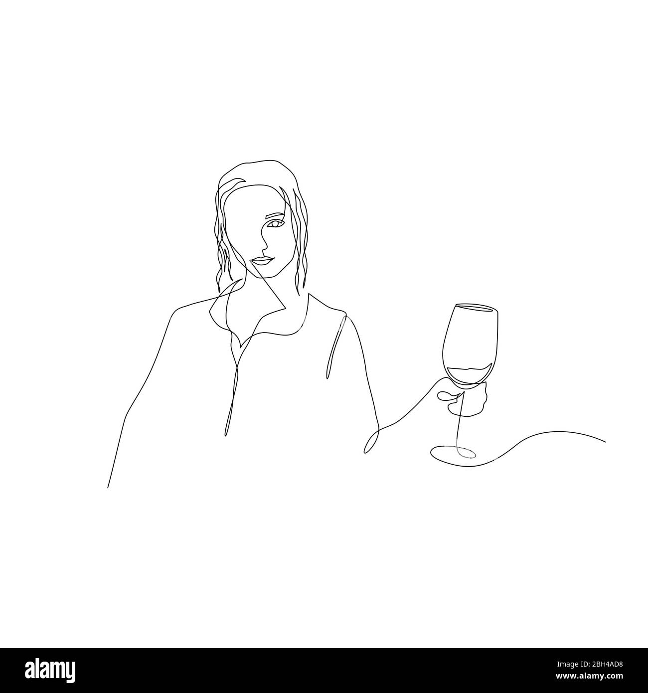 Continuous one line woman with wavy hair hold glass of wine in hand. Art. Vector Stock Vector