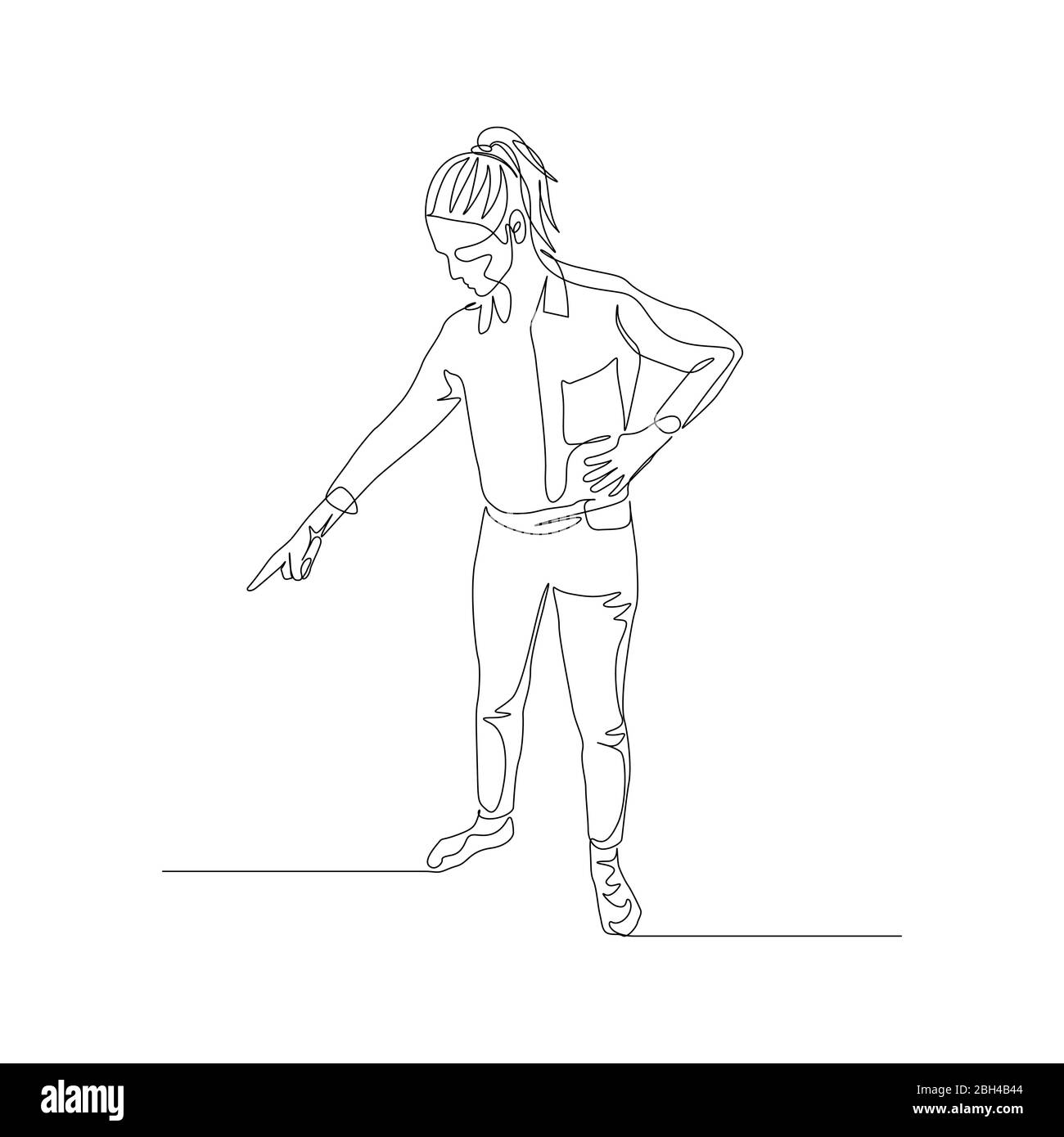 Continuous one line woman points the direction with her forefinger down. Vector Stock Vector