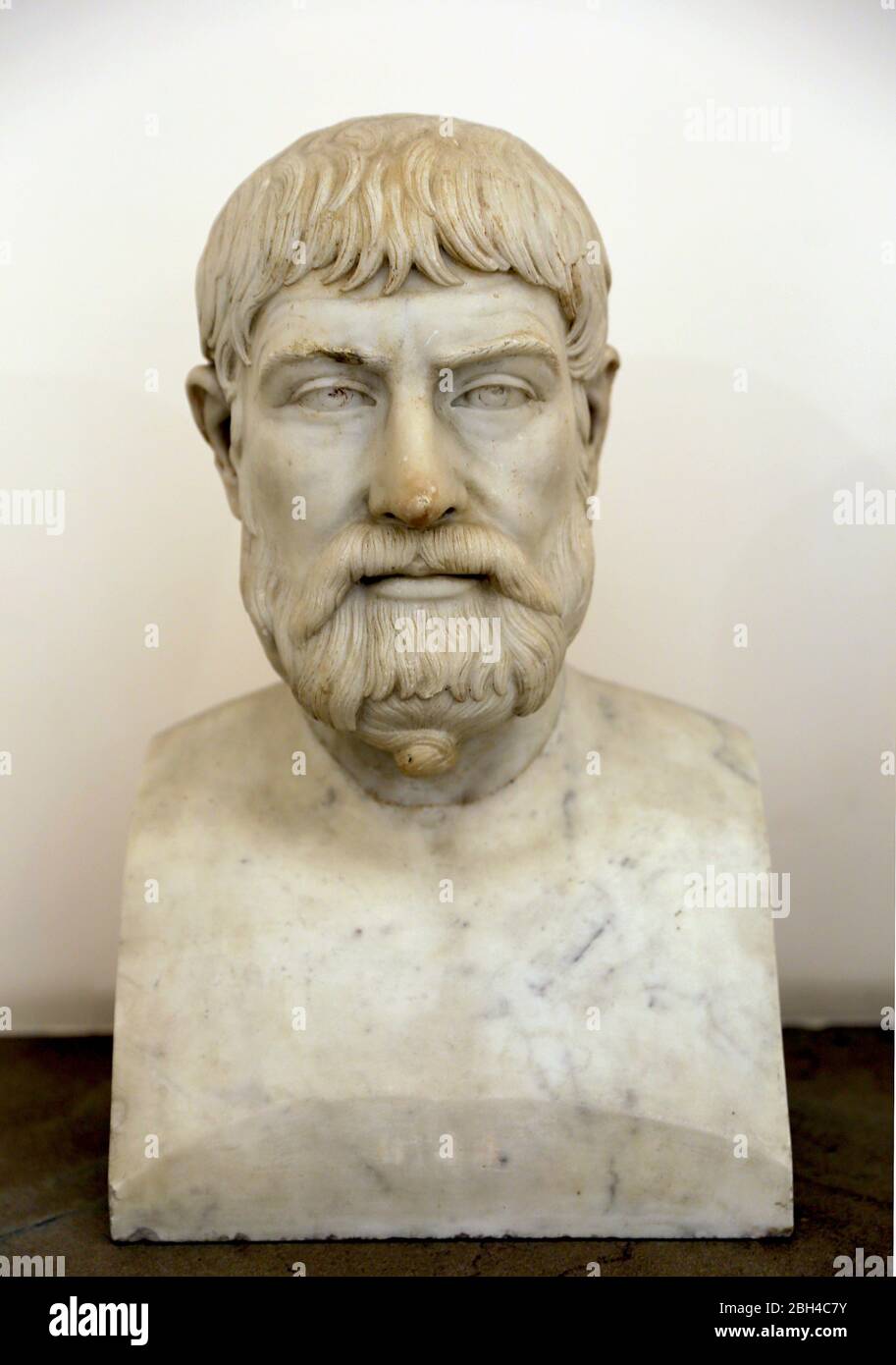 Pindar (Pindarus) Greek lyric poet (518-438 BC) Roman copy (130 AD.) of a Greek original. Marble. Archaeological Museum of Naples, Italy. Stock Photo