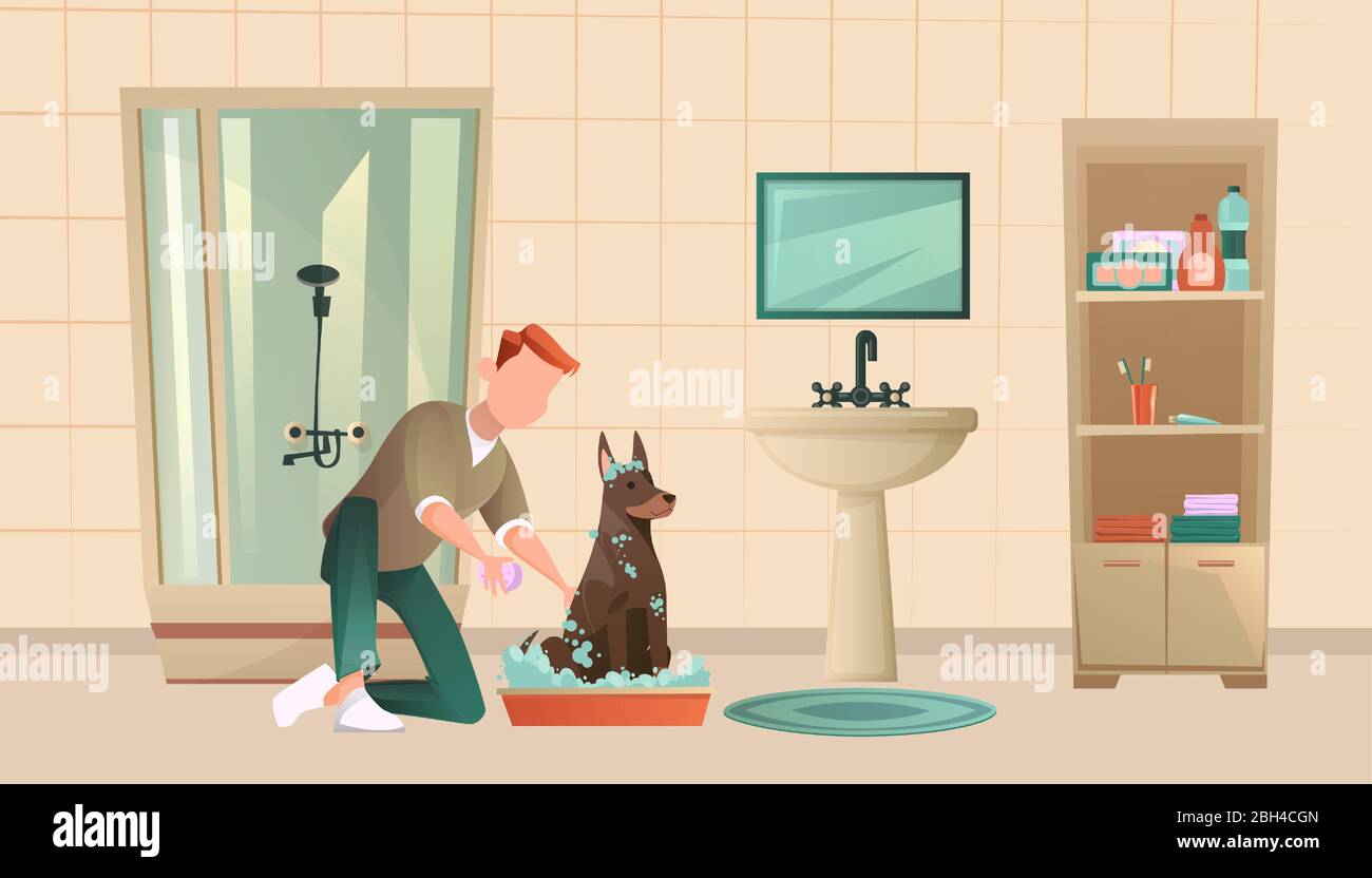 Vector of a man shampooing washing his cute dog. Stock Vector