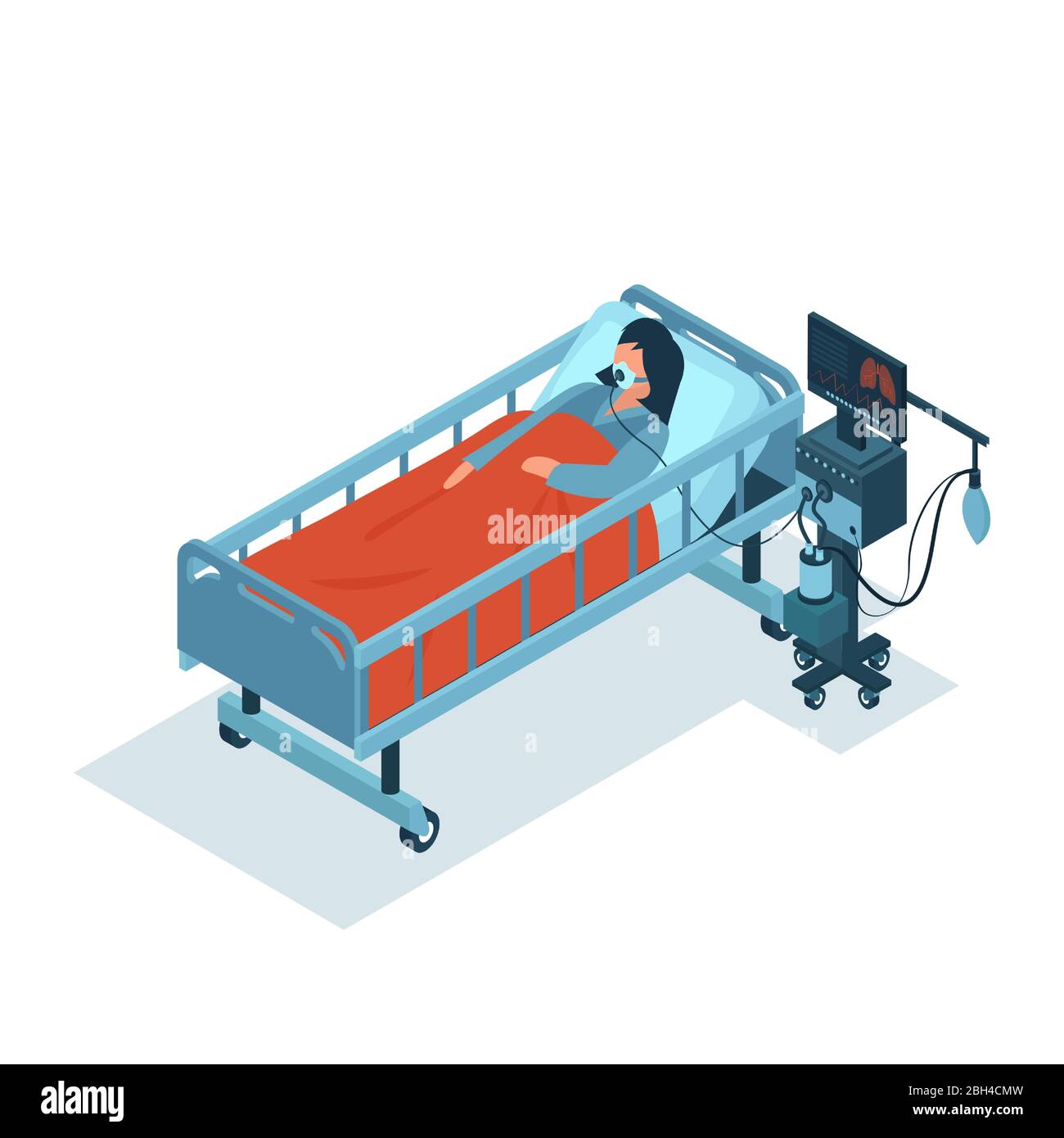 Isometric vector of a critically ill female patient on ventilator machine receiving oxygen therapy Stock Vector