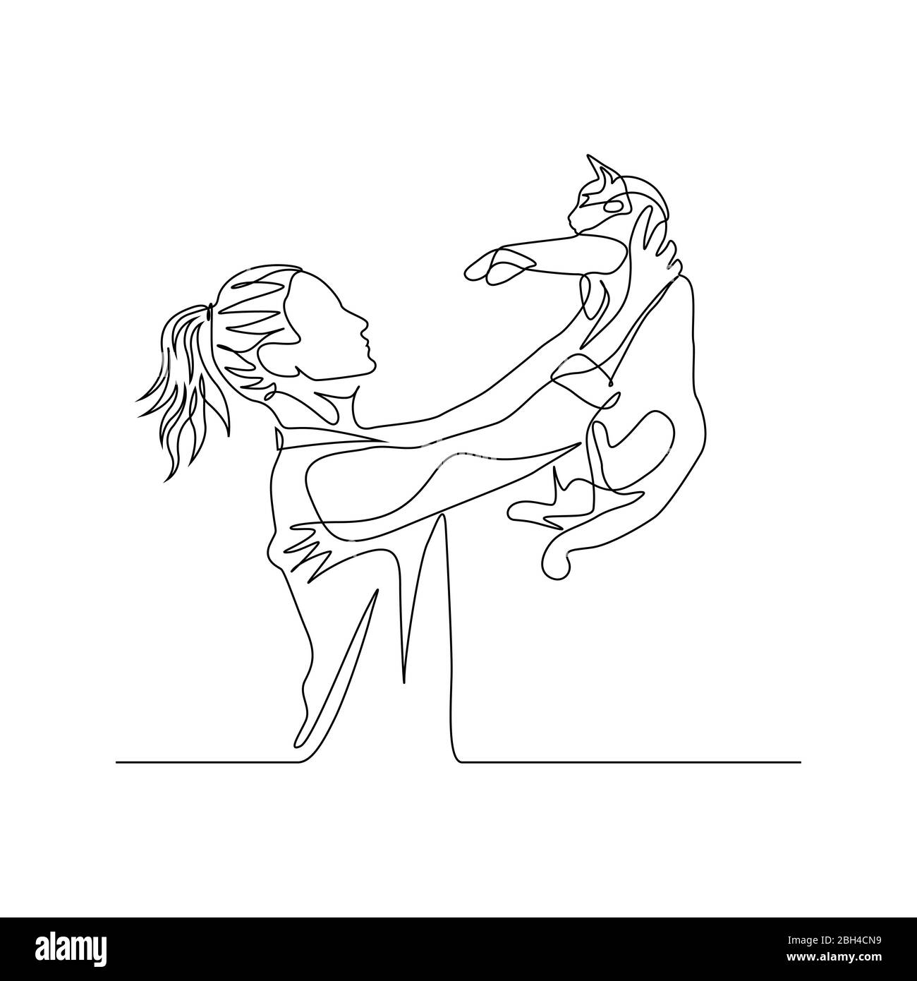 Continuous one line woman holds cat on outstretched arms. Vector Stock Vector
