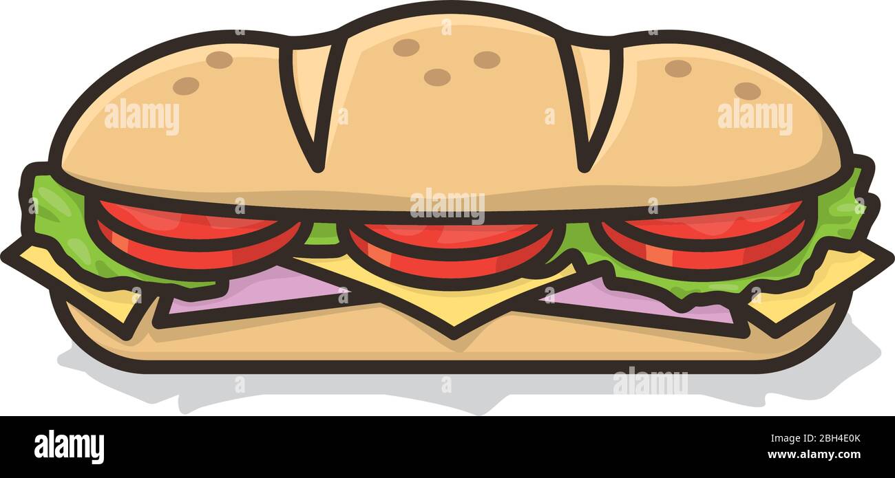 Hoagie or sub with tomato, lettuce, ham, and cheese isolated vector illustration for Hoagie Day on May 5th. Take-away food color symbol. Stock Vector