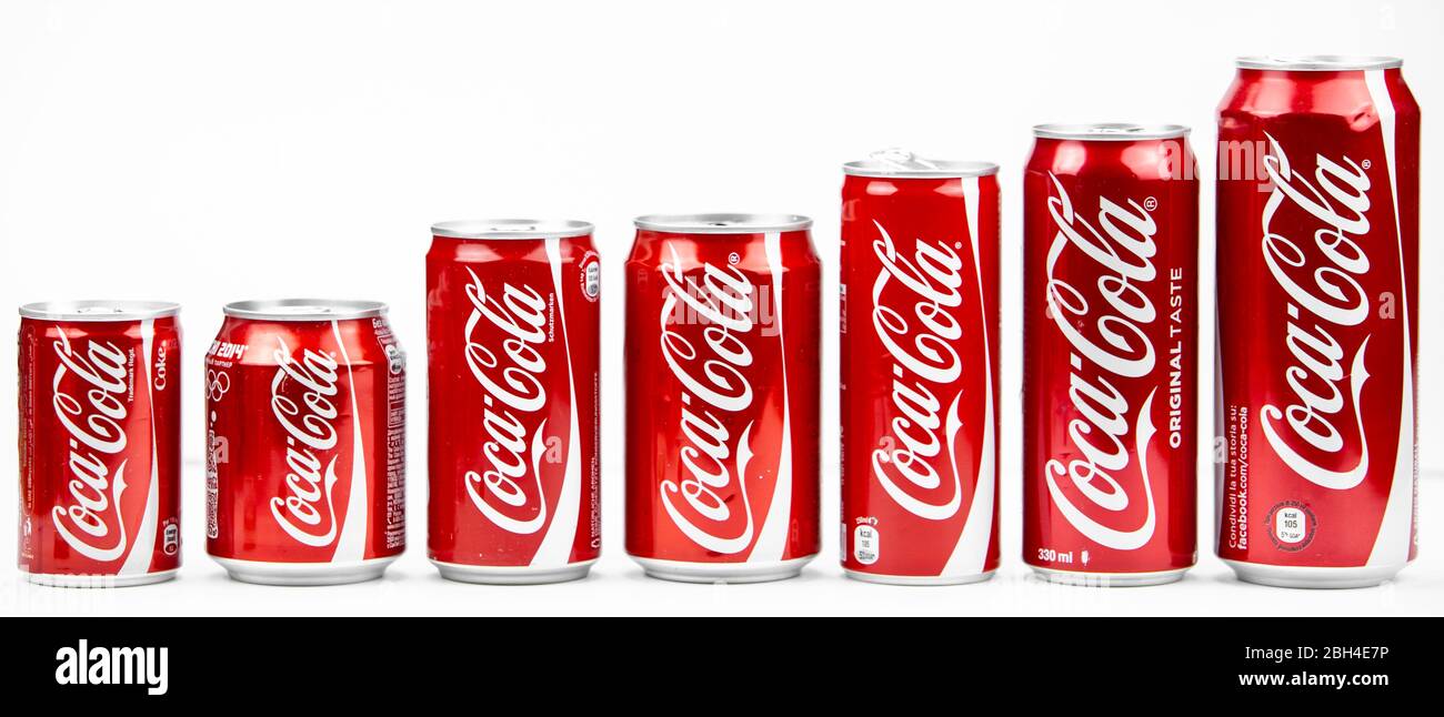 Atlanta, Georgia, USA April 4, 2020: several aluminum cans of Coca-Cola  different size isolated on white background Stock Photo - Alamy