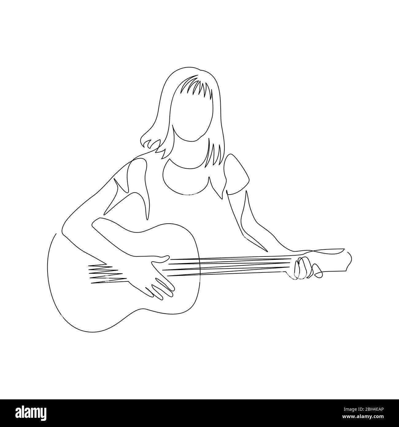 Continuous one line woman with a guitar. Vector illustration Stock