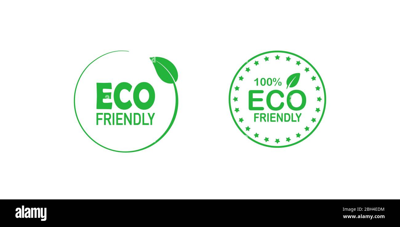 Set of eco friendly 100 percent green badges with tree leaf. Design element for packaging design and promotional material. Vector illustration. Stock Vector