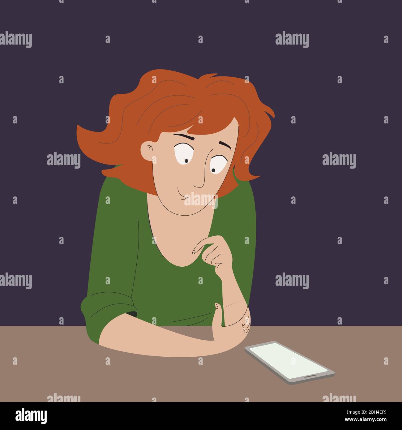 Girl waiting for a call. Young woman sitting at the table with smartphone. Vector illustration Stock Vector