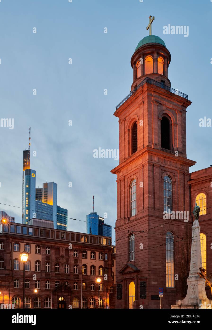 Frankfurt am Main, Germany, Febr 15 2020: The historic St. Paul's Church tower and the modern architecture of the Commerzbank in Frankfurt's historic Stock Photo