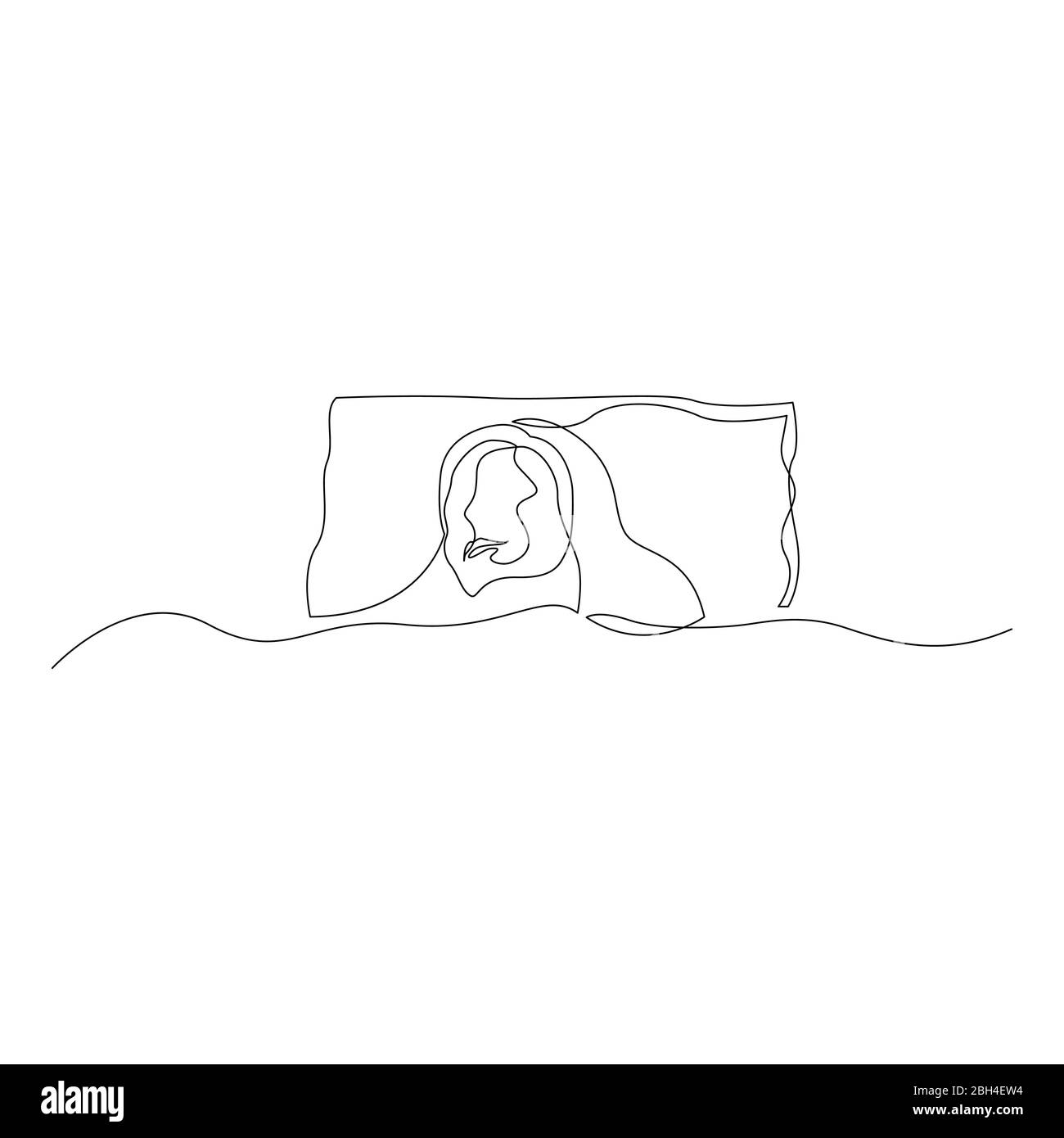 Continuous one line woman sleeping under the covers on the pillow