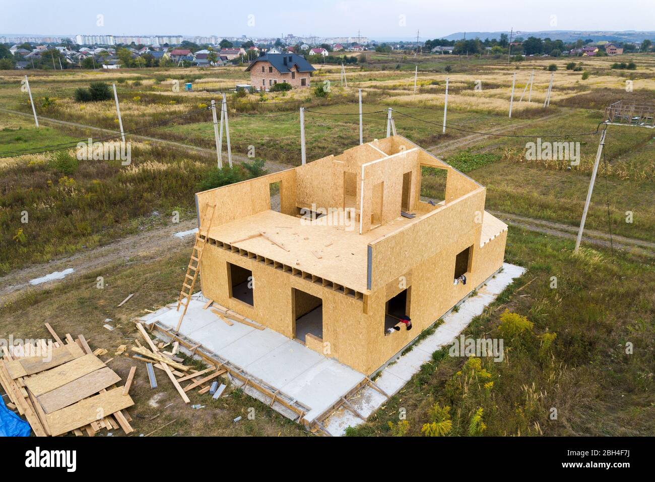 Construction of new and modern modular house. Walls made from composite