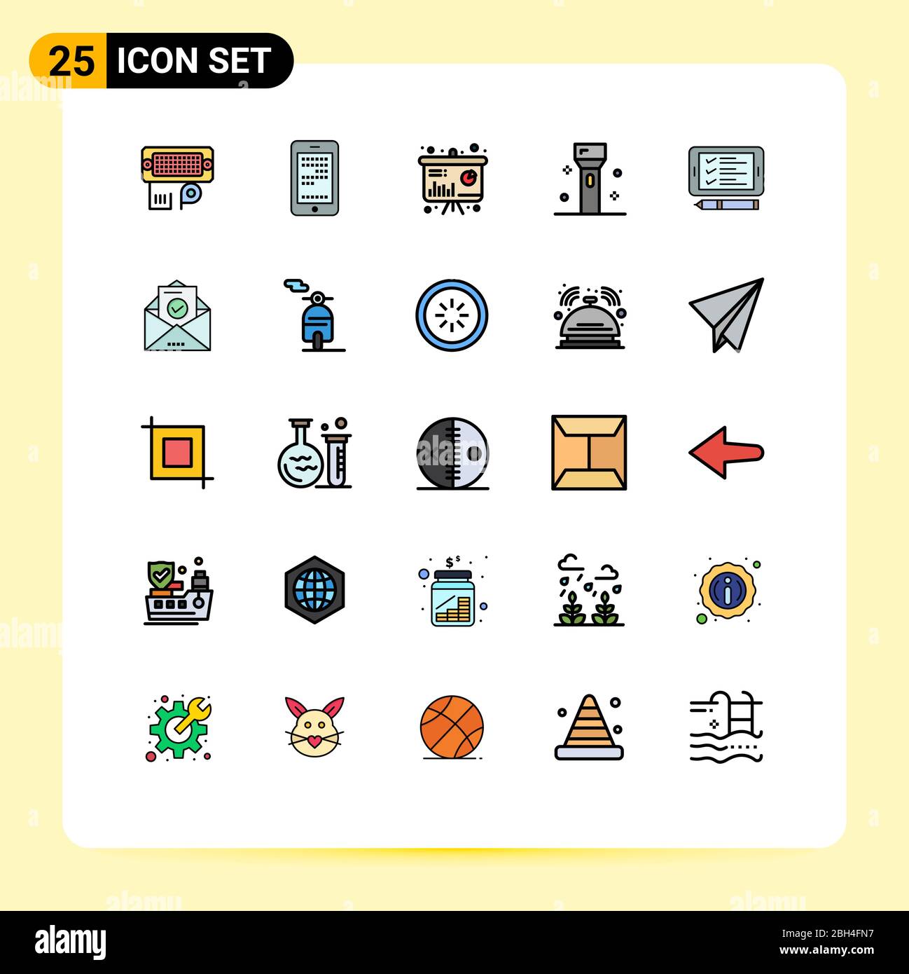 Set of 25 Modern UI Icons Symbols Signs for phone, products, chart, flashlight, devices Editable Vector Design Elements Stock Vector