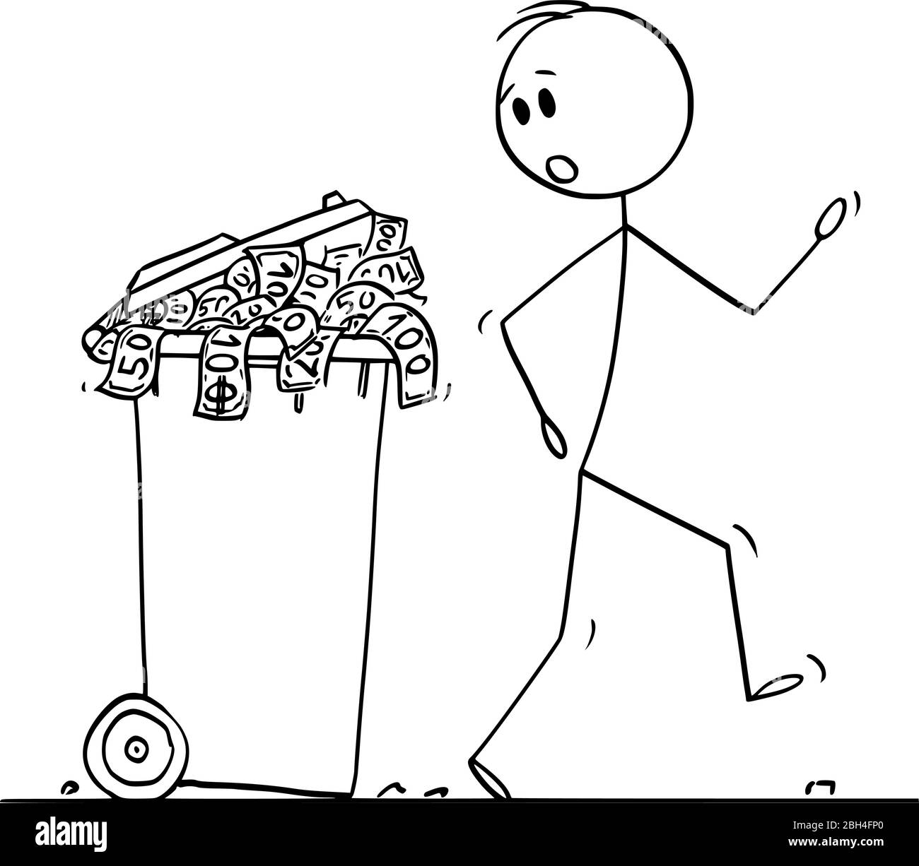 Vector cartoon stick figure drawing conceptual illustration of surprised man or businessman walking around dustbin, garbage can or wheelie bin full of money thrown as waste. Stock Vector