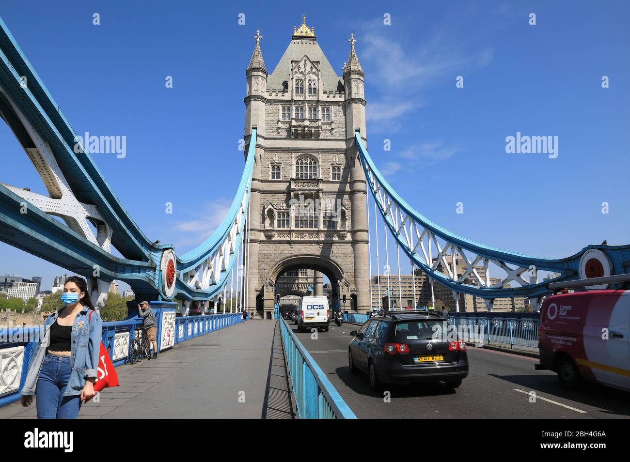 Traffic getting a little busier on Tower Bridge during the coronavirus pandemic lockdown, in London, UK Stock Photo