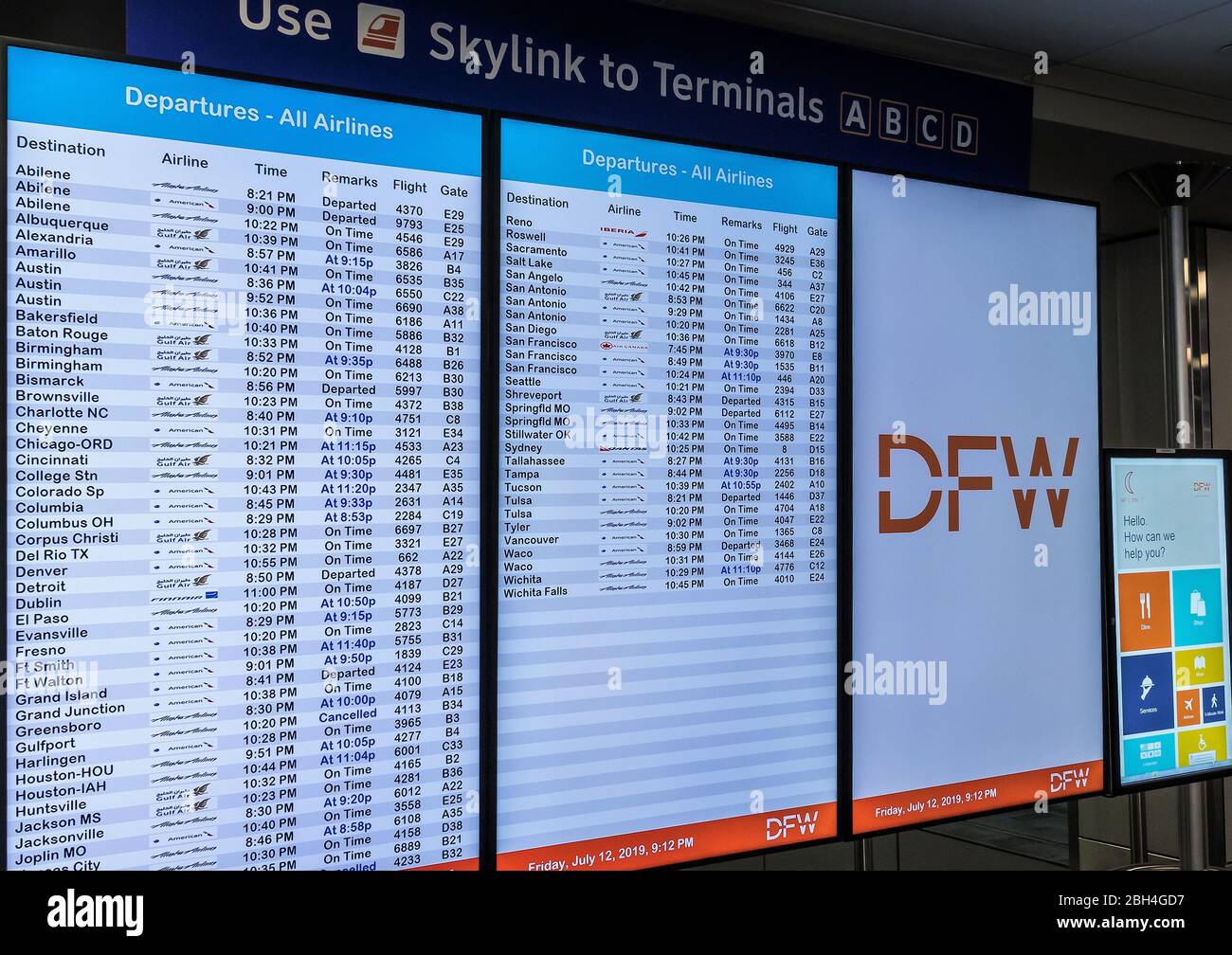 Arrival and departure, departures board at DFW, Dallas - Fort Worth International Airport, Texas, USA. Stock Photo
