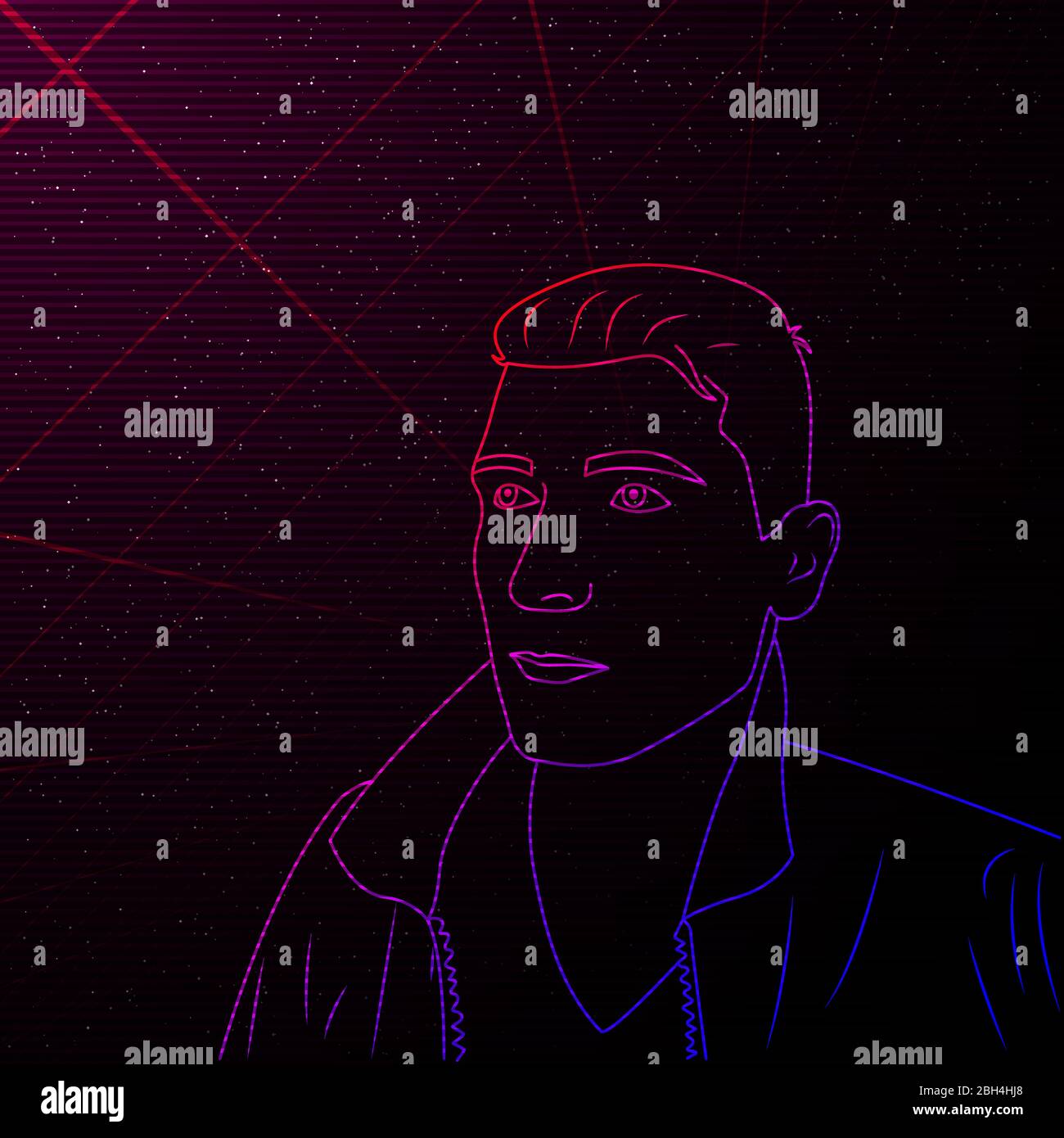 Synthwave Vaporwave Retrowave contour portrait of man. Vector full face man on starry space background with laser grid. Design for poster, flyer Stock Vector