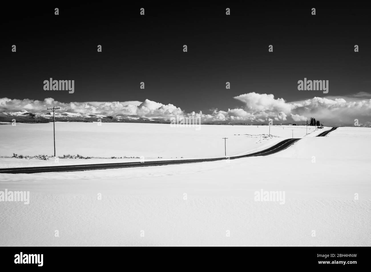 An empty road cuts through a snow covered winter landscape, shown in ...