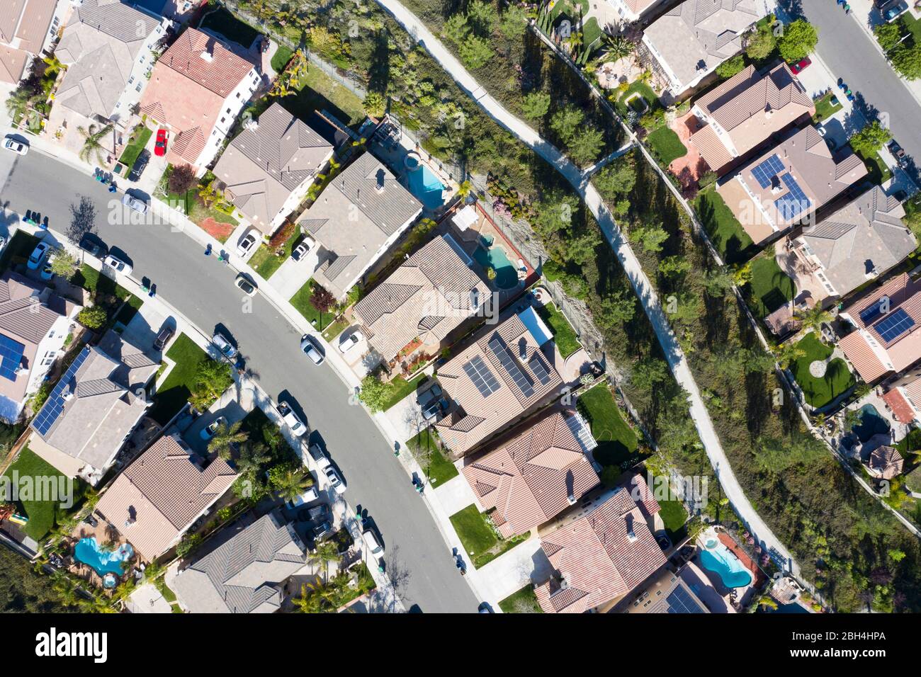 Looking straight down on California suburb sprawling through Santa Clarita Stock Photo