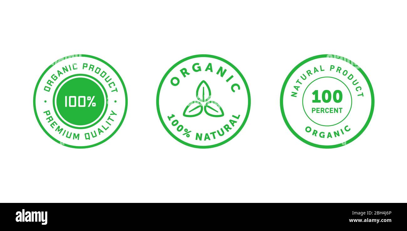 Set of organic 100 percent natural product circle badges. Design element for packaging design and promotional material. Vector illustration. Stock Vector