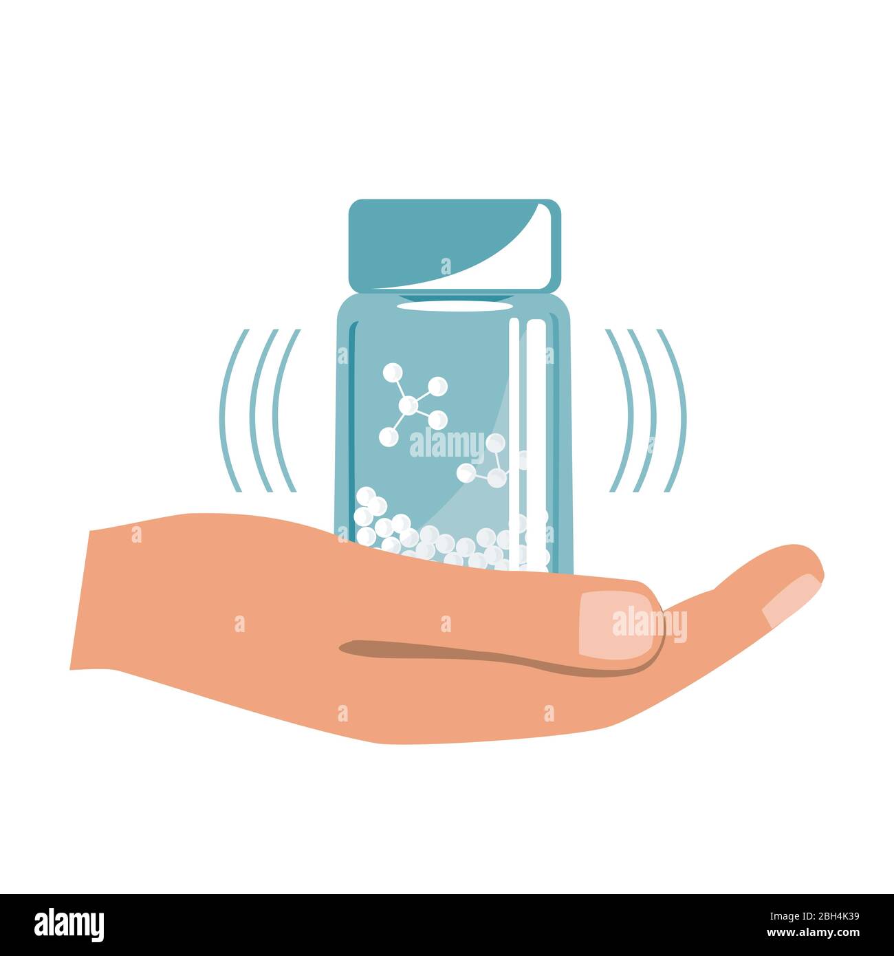 Hand with Homeopathy Medicines Bottle isolated on a White Background. Vector illustration Stock Vector