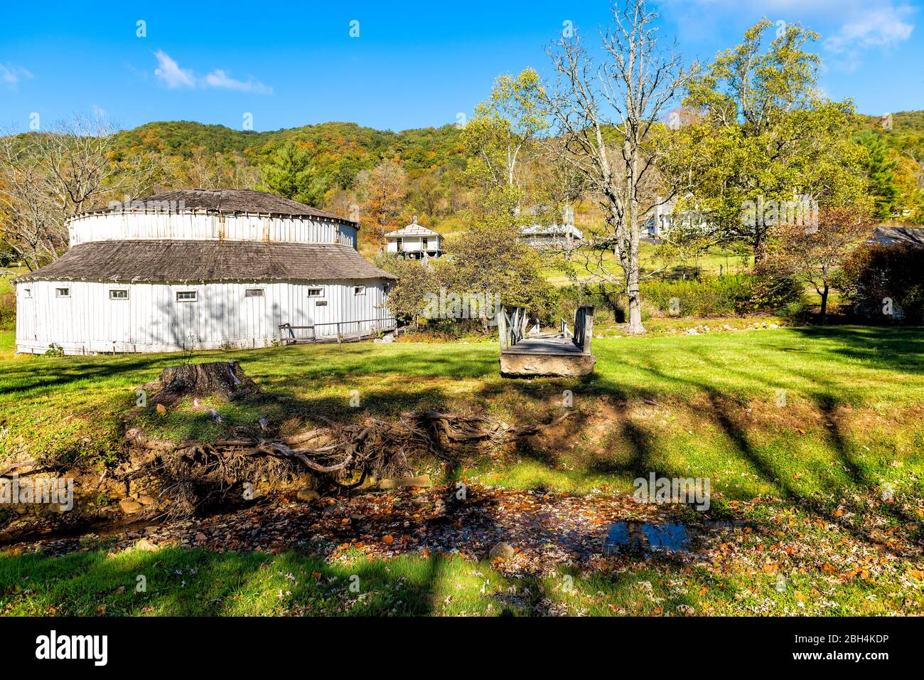 Warm Springs historic town and old run-down closed Jefferson Pools octagon architecture building in Virginia Bath County countryside in mountains Stock Photo