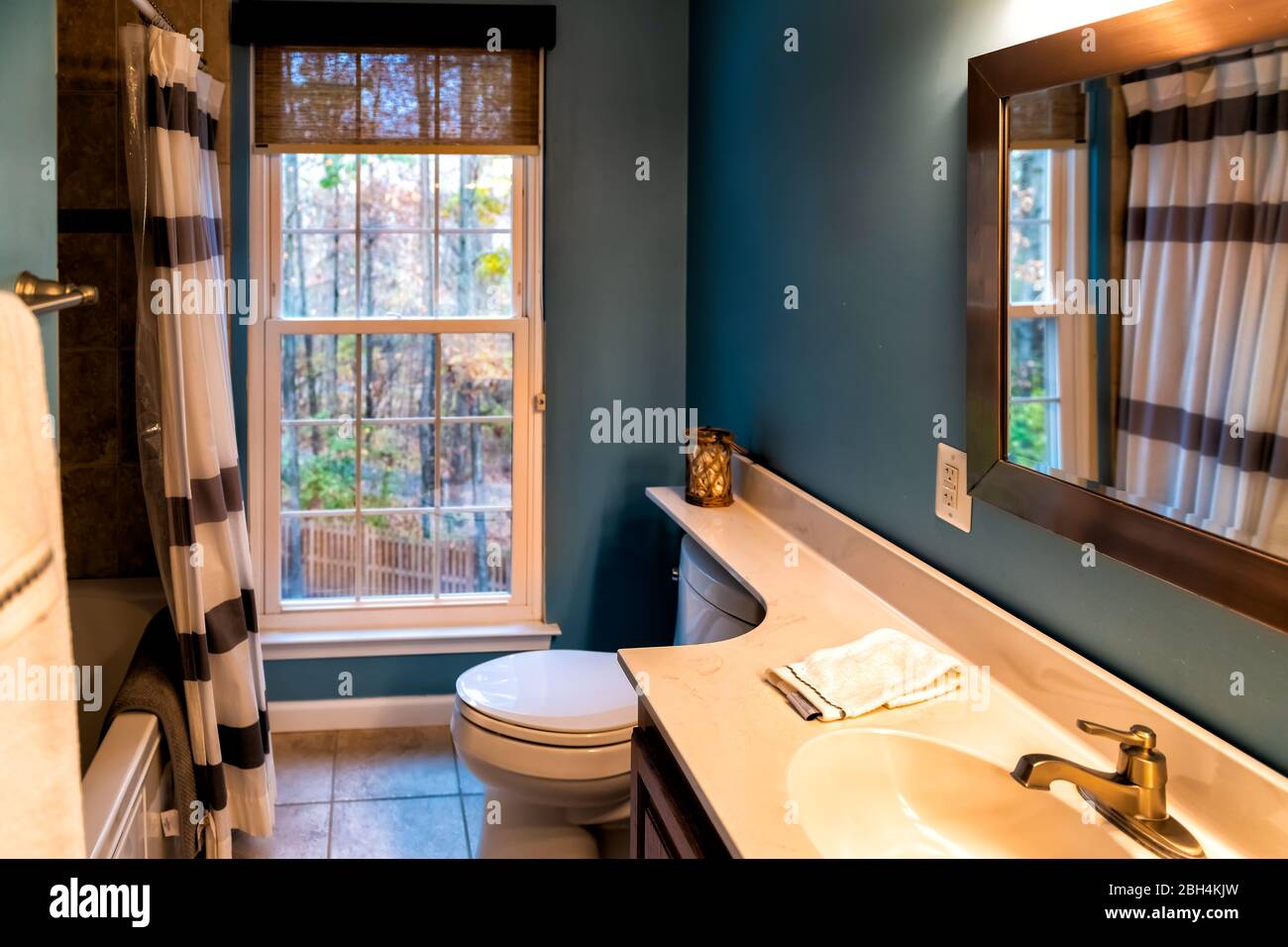 Modern dark clean bathroom in house, home with sink, toilet, counter and shower tub with window looking into backyard woods forest Stock Photo