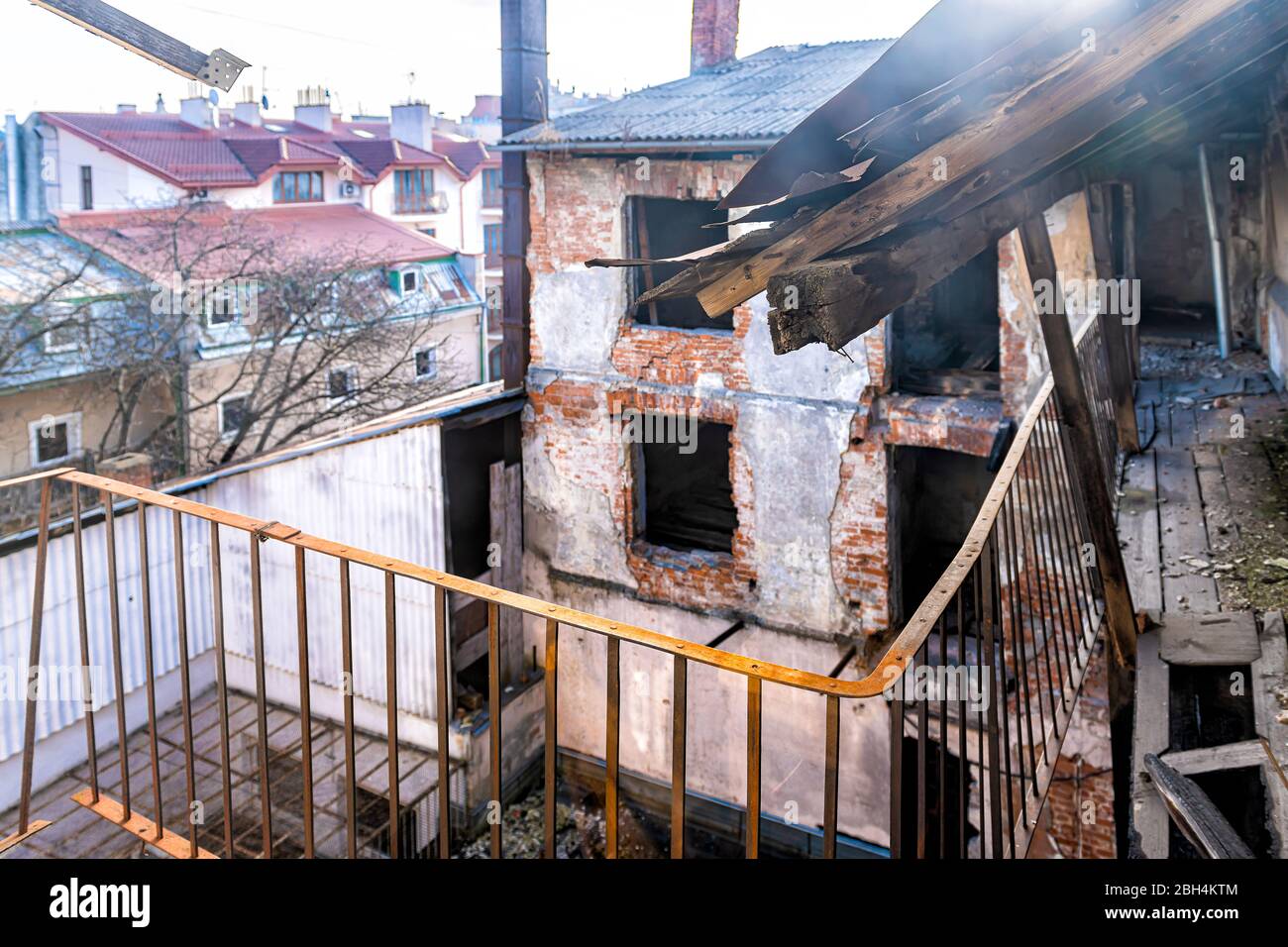 Lviv Ukraine old rundown derelict apartment houses with balcony