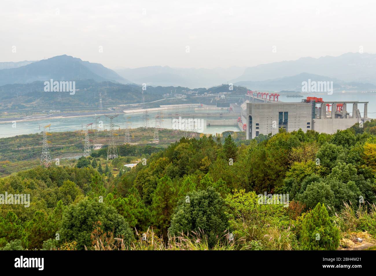 View of The Three Gorges Dam and visitors centre at Sandouping, Sandouping, Hubei, China, Asia Stock Photo