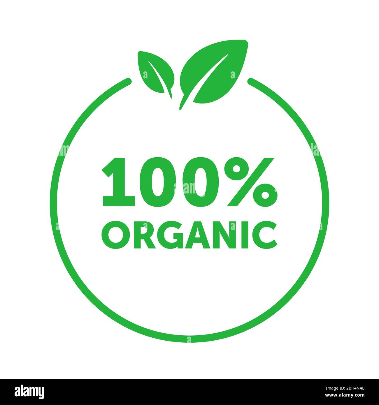 Organic 100 percent circle badge with green leaf. Design element for packaging design and promotional material. Vector illustration. Stock Vector