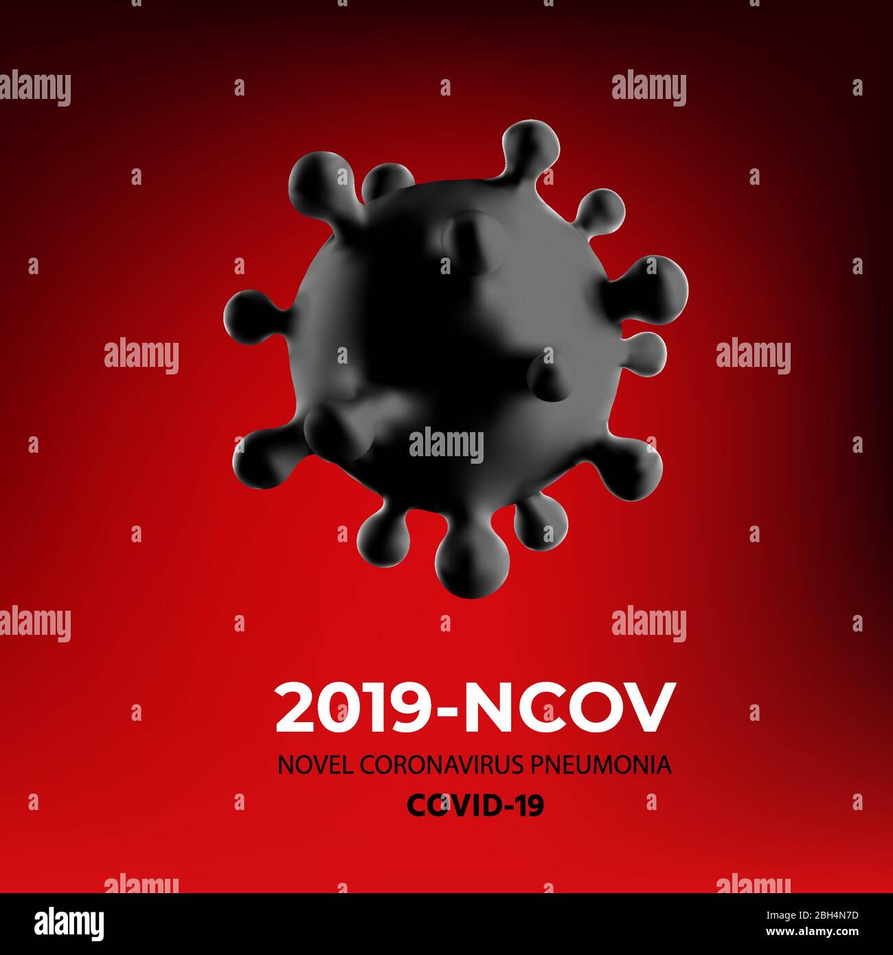 Novel Coronavirus 2019-nCoV. Virus Covid 19-NCP. SARS-CoV-2 is a Positive-sense Single-stranded Virus. Red Background with Black 3D Realistic Virus Cell. Banner, Web Poster Viral. Stock Vector