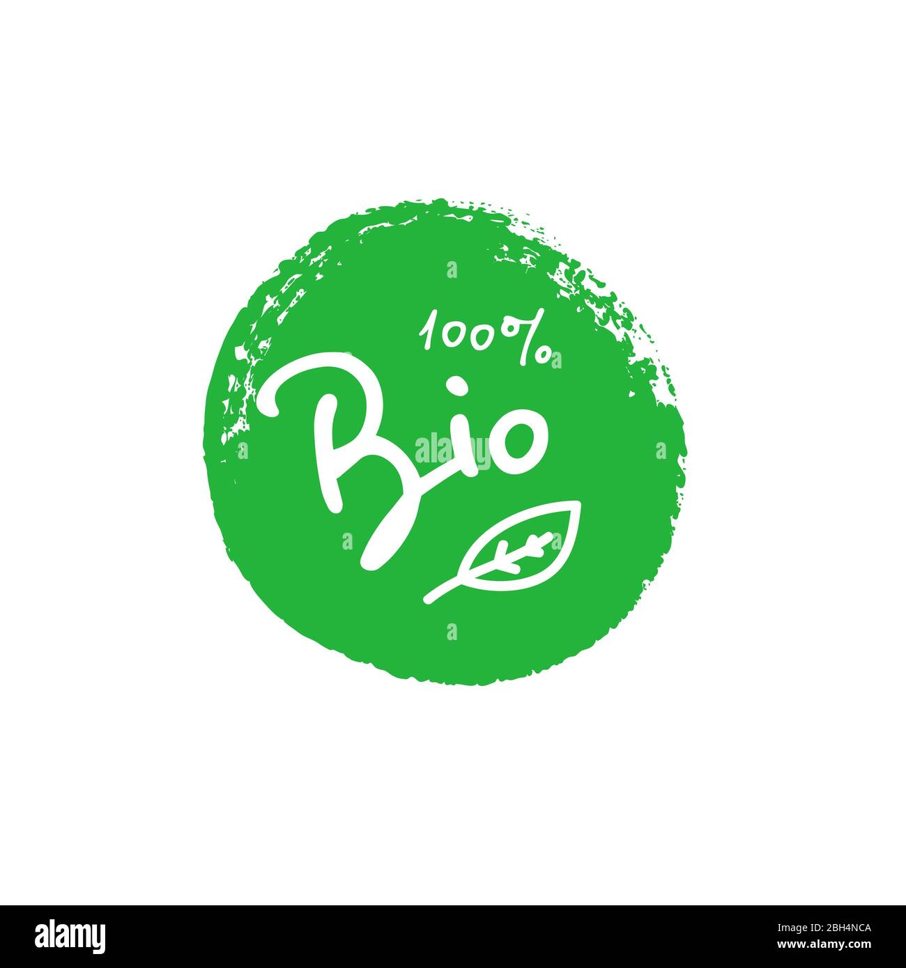 Bio 100 percent tree leaf handwritten green brush circle badge. Design element for packaging design and promotional material. Vector illustration. Stock Vector