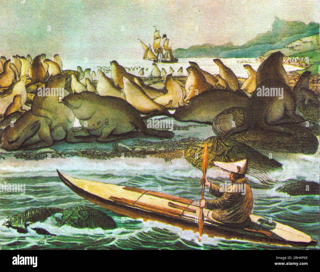 The Russian 'Rurik' sets anchor near Saint Paul Island in the Bering sea in order to load food and equipment for the expedition to the chukchi sea in the north. Drawing by Louis Choris in 1817. Stock Photo