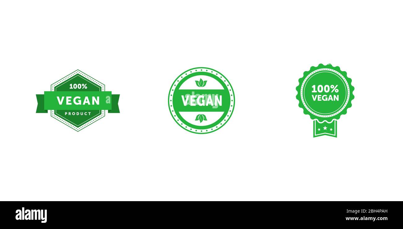 Set of various signs on vegan theme. 100 percent Vegan product haxagonal badge with ribbon. Vegan circle green flat emblem with tree leaves. 100 Stock Vector