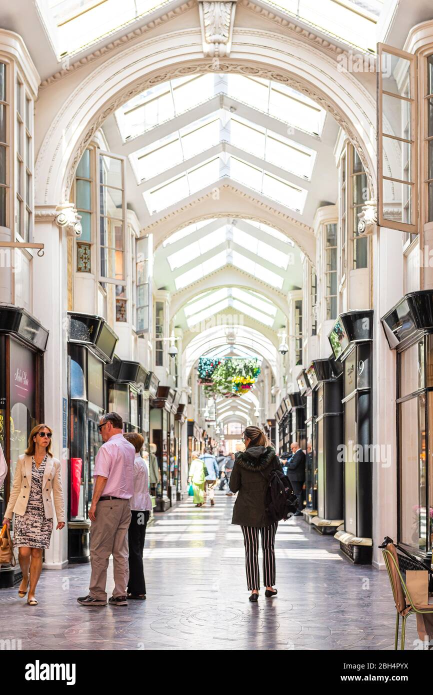 London, UK - June 22, 2018: Shopping mall shop passage tunnel Burlington Arcade with people on Piccadilly circus street road in center of downtown cit Stock Photo