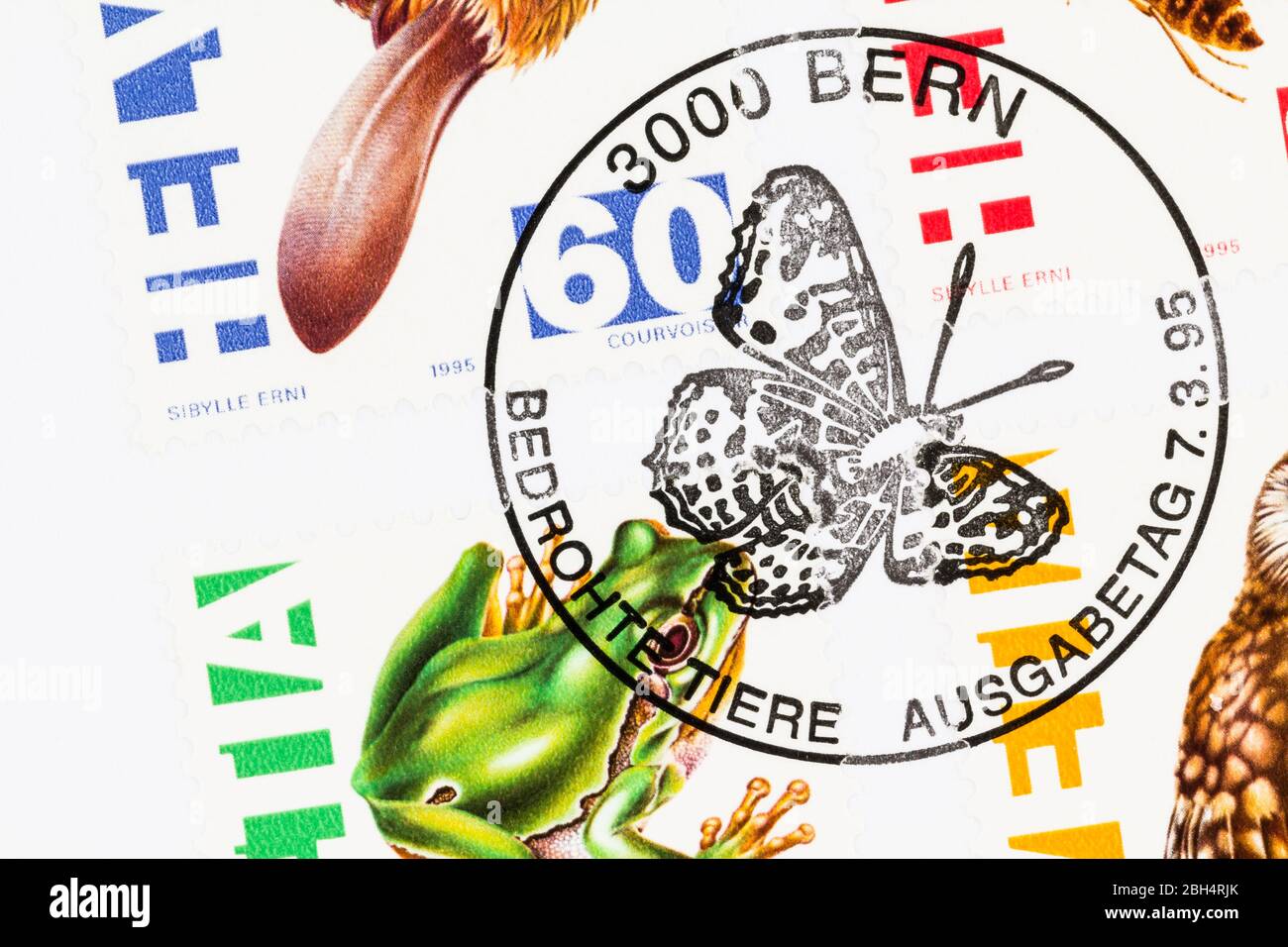 SEATTLE WASHINGTON - April 21, 2020:  Switzerland First Day Cover close up of postmark on Endangered Species stamps, issue date 7.3.95 Bern. Stock Photo
