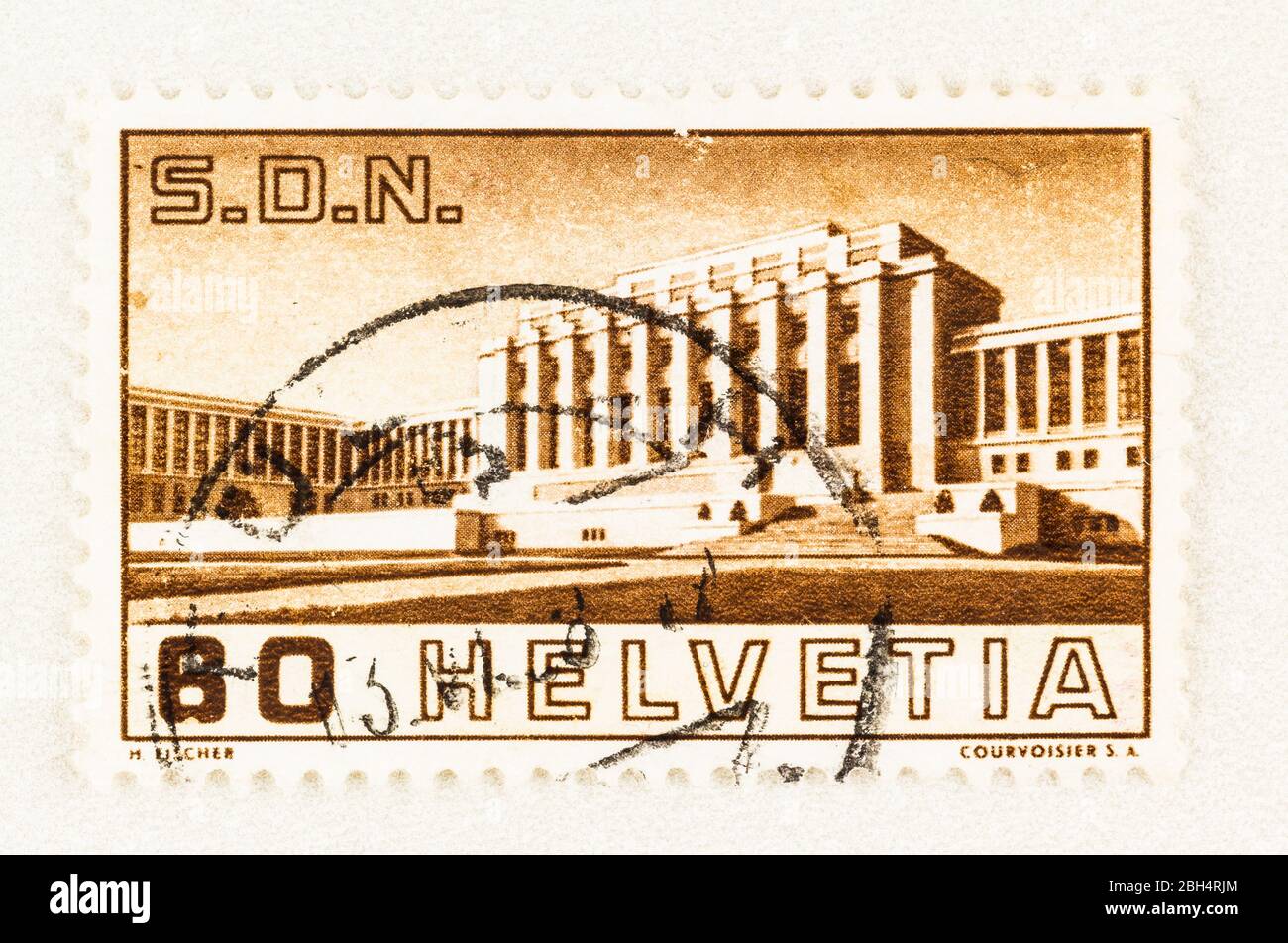 SEATTLE WASHINGTON - April 18, 2020: 1938 Swiss postage stamp with main building of the Palace of Nations, celebrating the opening of the Assembly Hal Stock Photo