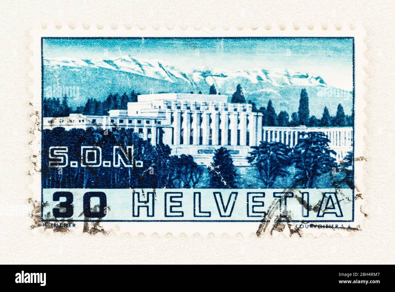 SEATTLE WASHINGTON - April 18, 2020:  Swiss postage stamp to celebrate the Opening of the Assembly Hall of the Palace of the League of Nations in Gene Stock Photo