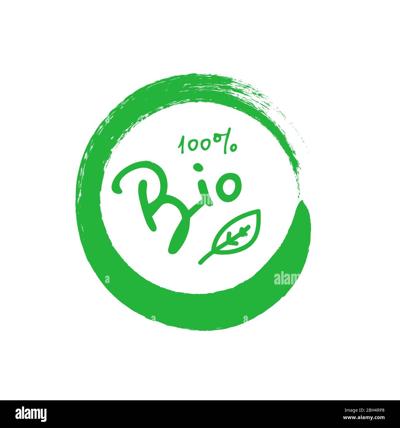 Bio 100 percent tree leaf handwritten green brush stroke badge. Design element for packaging design and promotional material. Vector illustration. Stock Vector