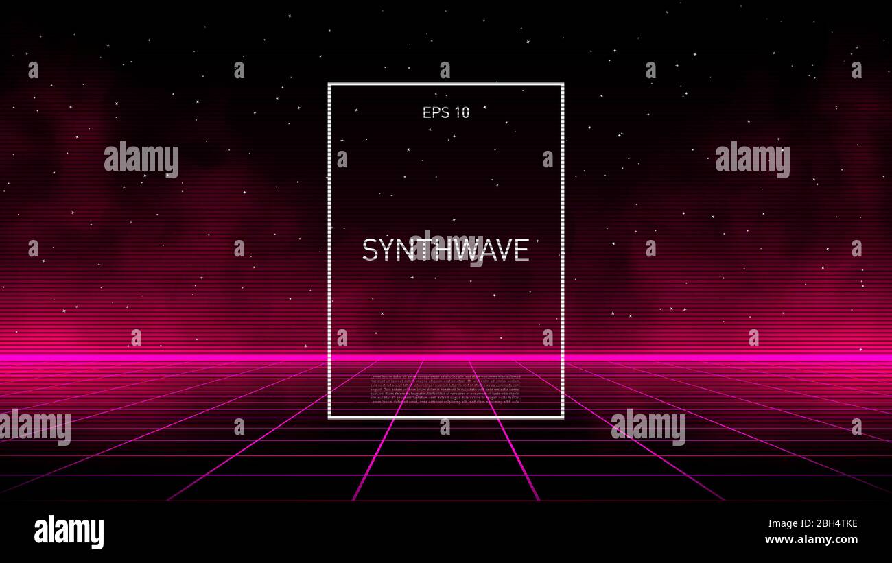 Synthwave pink cyber laser grid with glowing fog and horizon on starry