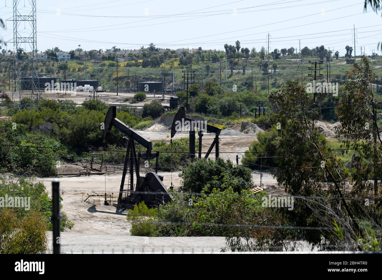 Oil pump jacks working in an oil field in Los Angeles Stock Photo Alamy