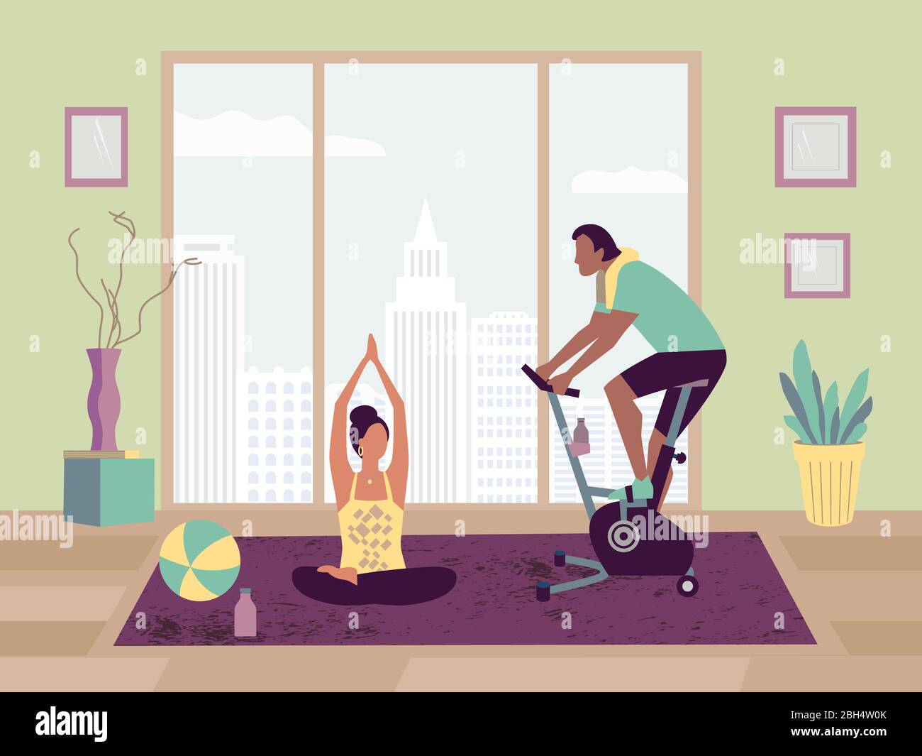 Couple sport activity at home flat vector. Stay home yoga practice bicycle riding cartoon. Breathing exercise workout background. Healthy lifestyle Stock Vector