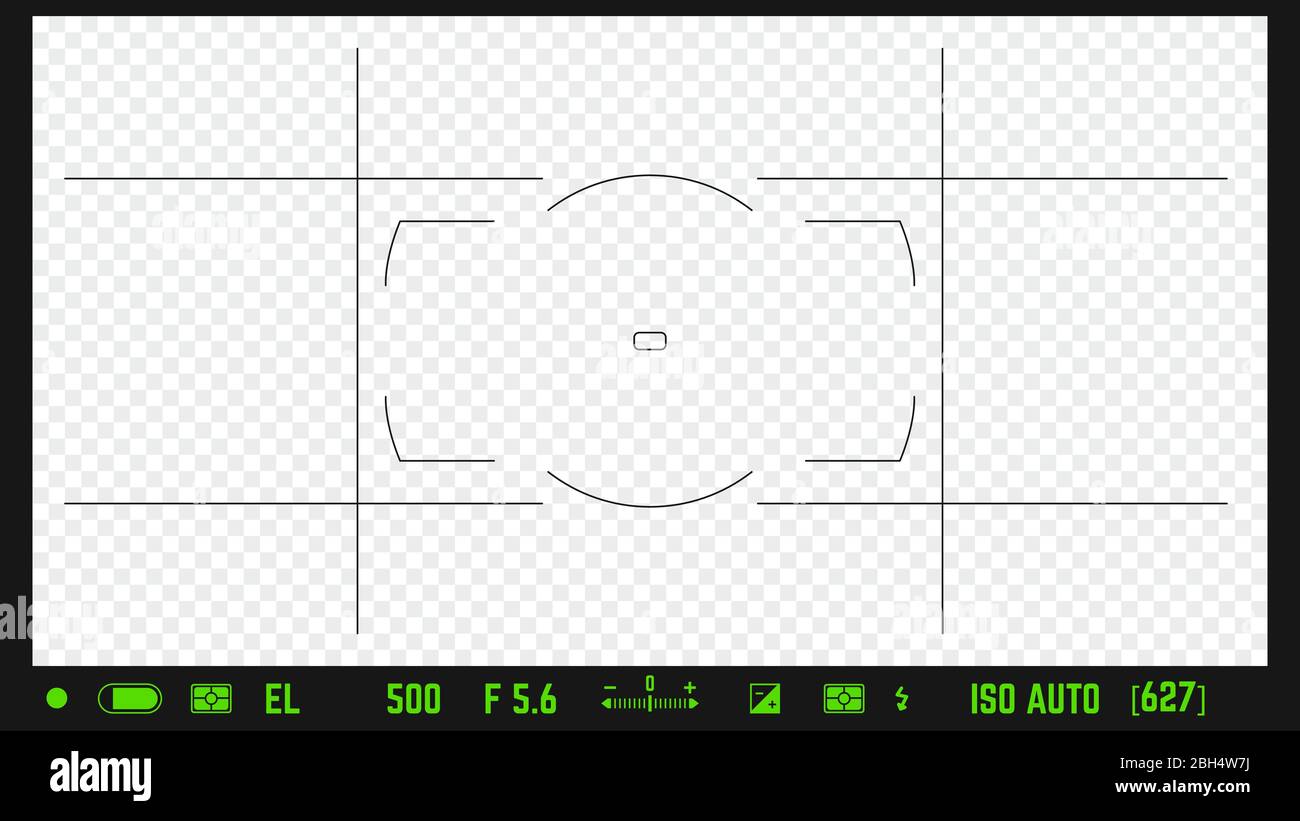 Photo camera realistic viewfinder overlay with image settings and autofocus points. 16:9 full hd format of frame template. DSLR professional camera fr Stock Vector